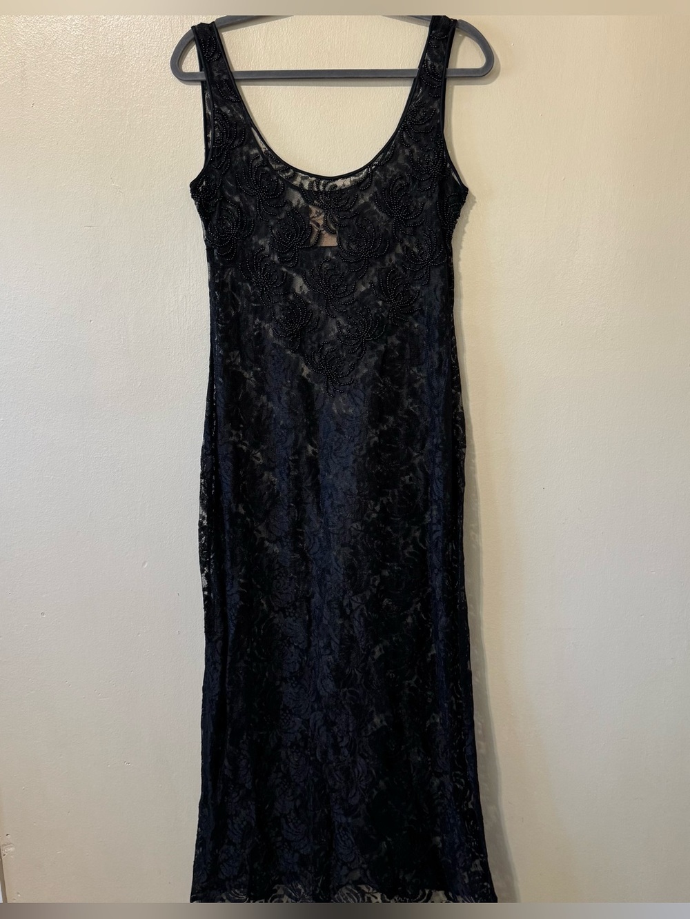 Vintage black sheer lace and beaded bust slip maxi dress